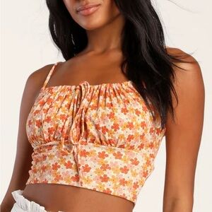 Lulu’s Looks Like Spring Ivory Floral Print Drawstring Cropped Tank Top